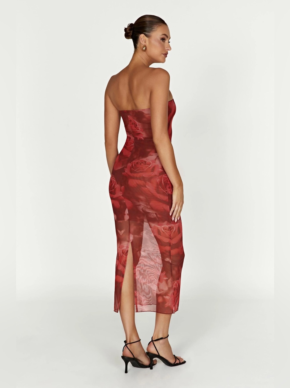MESHKI APHRODITE STRAPLESS MESH MIDI DRESS IN ROSE PRINT ✨ - Picture 2 of 5